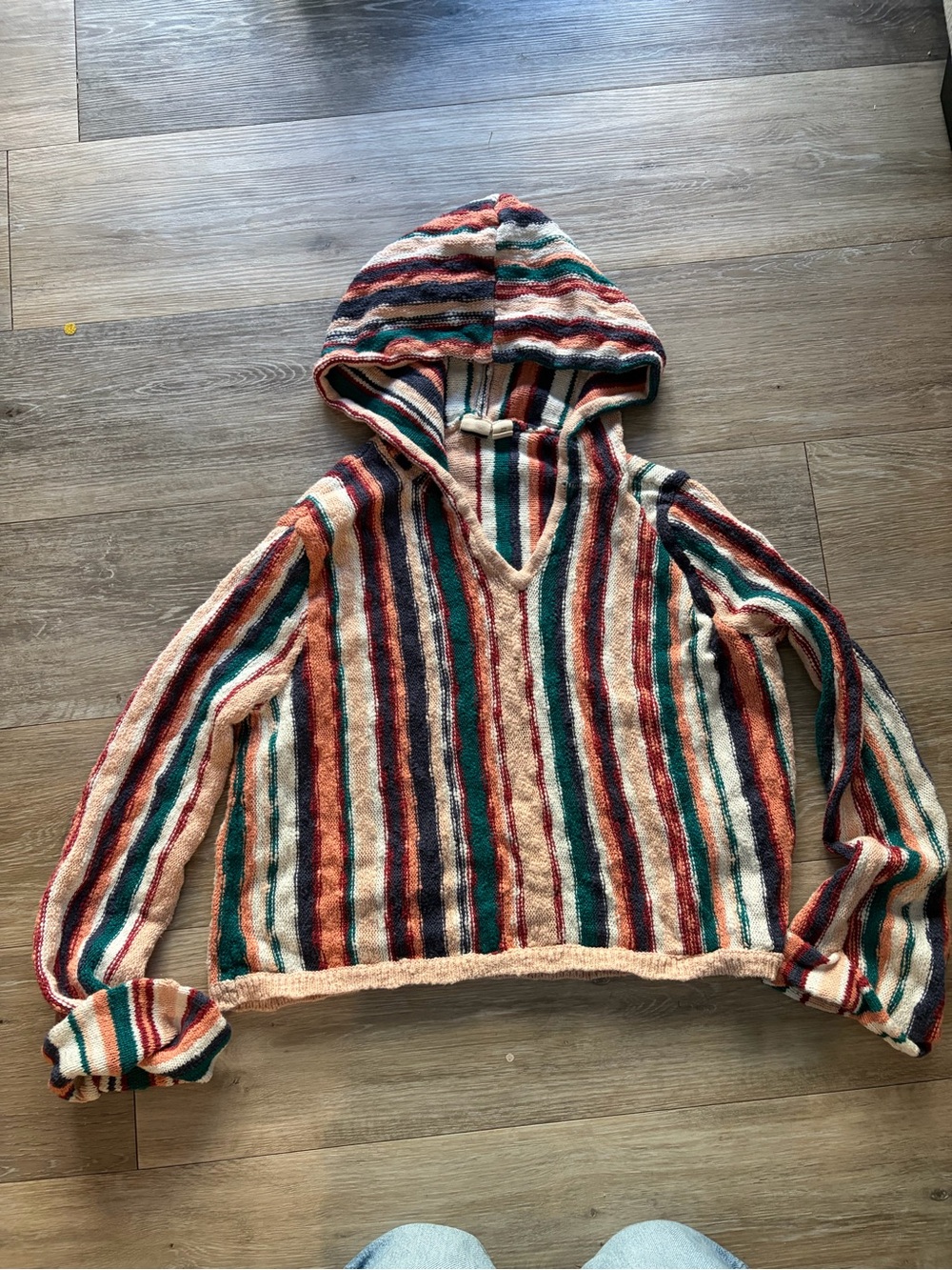 Roxy Striped V-Neck Hooded Sweater - Rust, Green, Navy, Cream